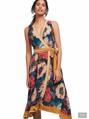 Maeve Anthropologie Floral Asymmetrical Wrap Dress with Yellow Trim